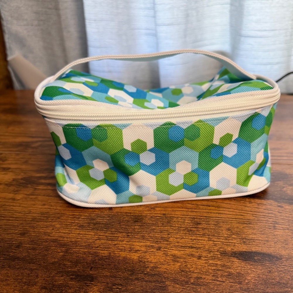 Clinique Geometric Hexagon Makeup Bag Blue Green Cosmetic Travel Case Handle